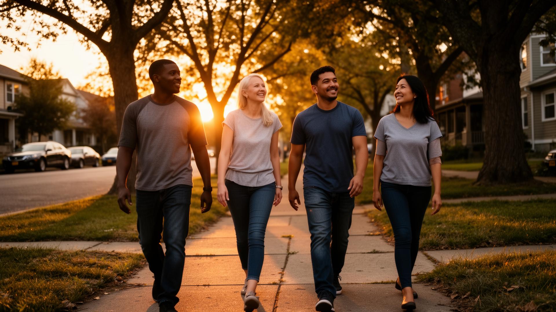 Diverse community members walking together at golden hour