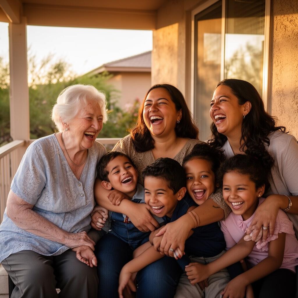 Multigenerational family laughing together on a porch