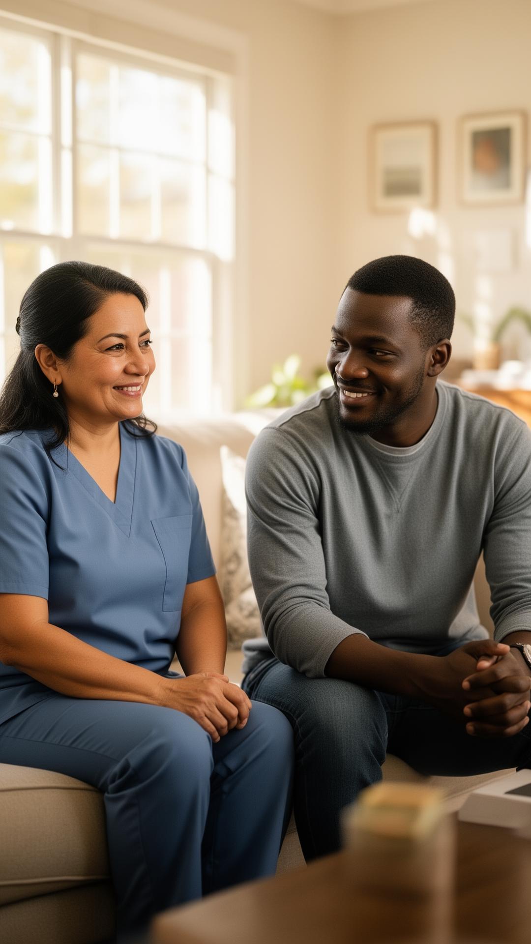 Behavioral health professional supporting a client in a warm home setting